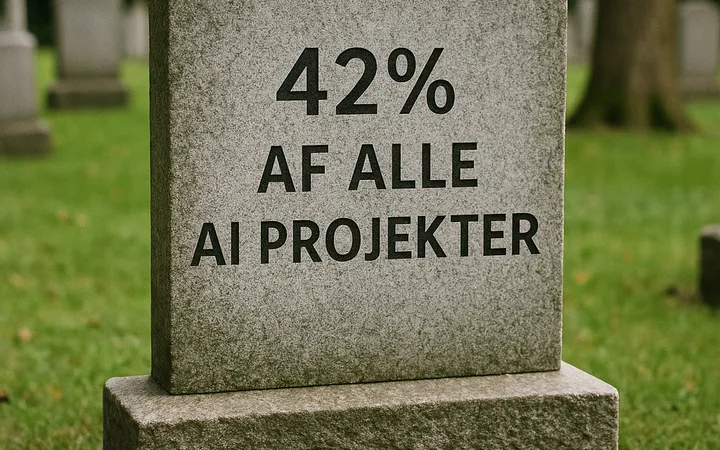 Gravsten hvor der står 42% af alle AI projekter. Billedet er lavet af AI.