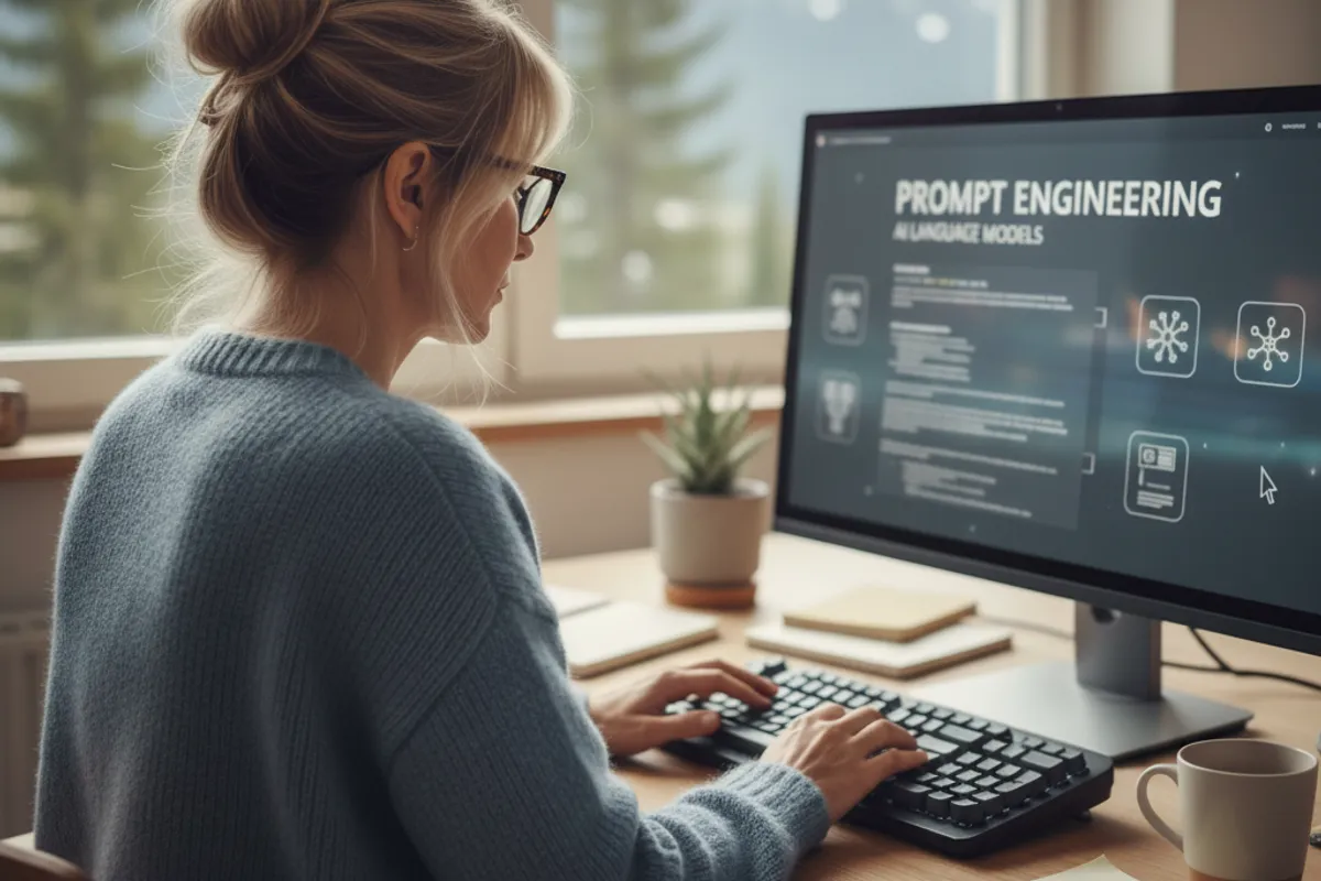 Egen alt-tekst, Kursist arbejder med prompts og AI værktøjer på laptop under kursus (AI genereret billede)