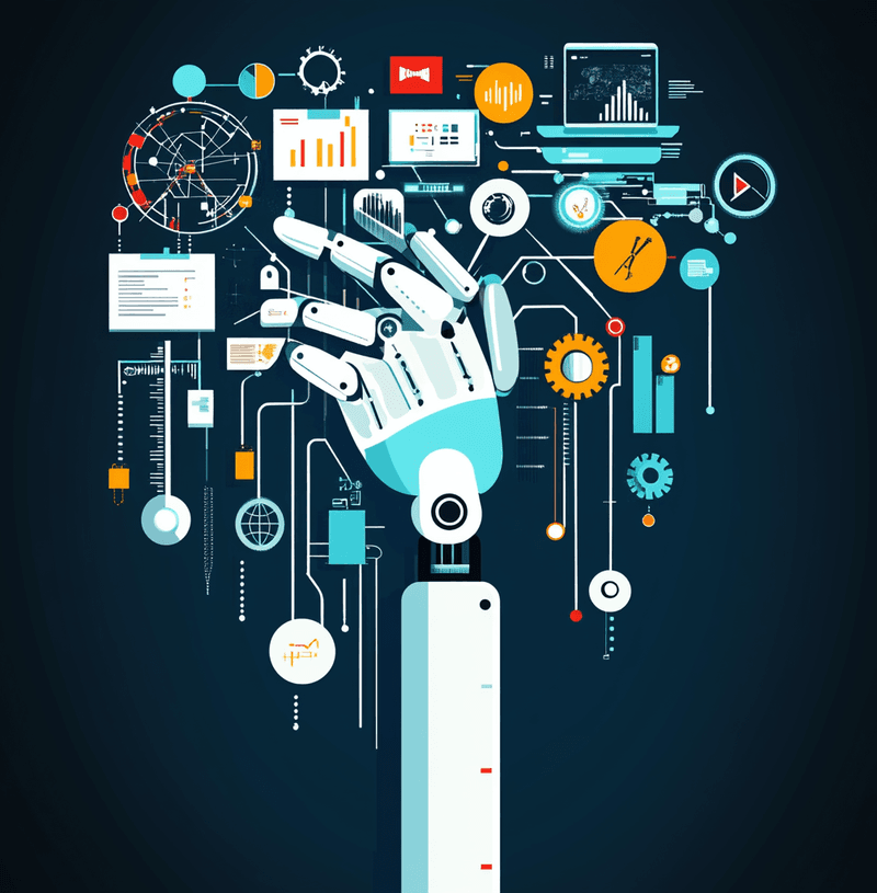 Grafisk RPA illustration med robotarm og digitale workflows til automatisering af processer