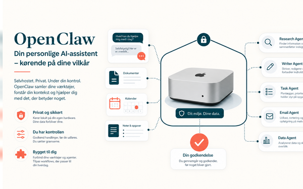 OpenClaw AI assistent vist som sikker server, chatkanaler og agenter i HverdagsAI farver