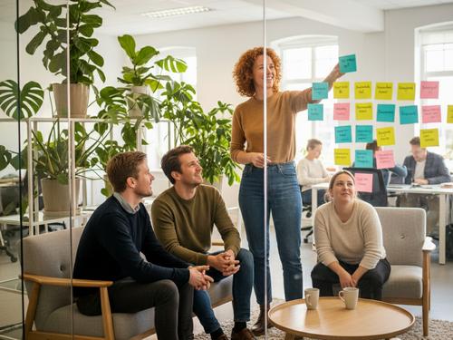 Et team, der i en kreativ workshop brainstormer nye ideer til brugen af AI værktøjer, hvilket viser en succesfuld, medarbejderdrevet tilgang. (AI genereret billede)