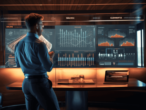 Person ser på et digitalt dashboard med grafer (AI genereret billede)