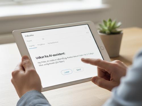 En medarbejder bruger en tablet til at godkende et svar udarbejdet af AI agenter, hvilket viser en praktisk start på automatisering af kundeservice. (AI genereret billede)