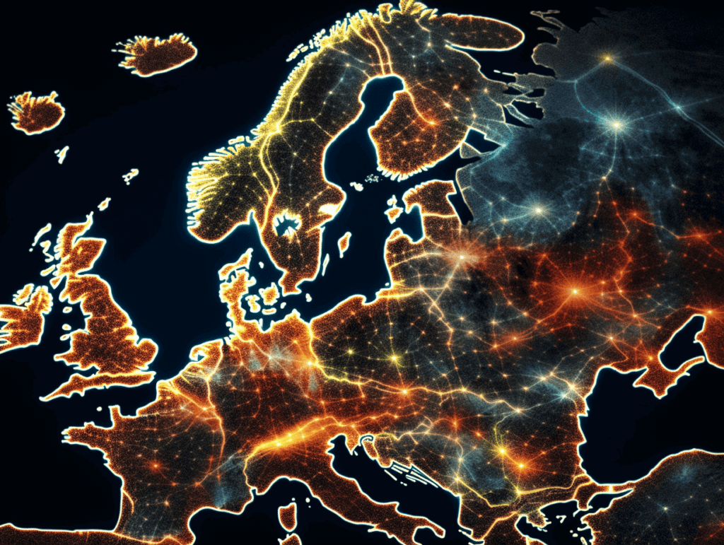 Europa set fra rummet i neonlys. Illustrerer at teknologi og AI spreder sig.