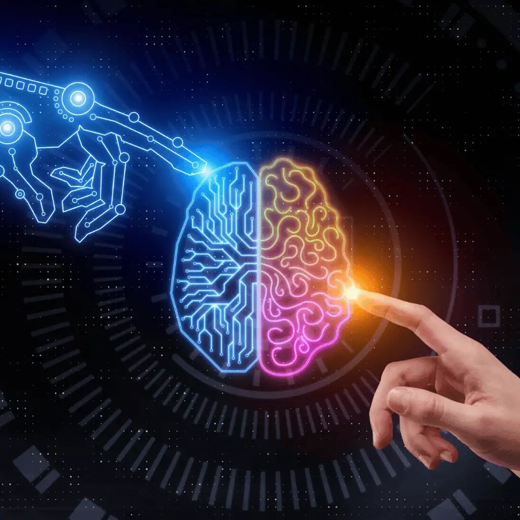 En robot/hologram hånd og en menneske finger der mødes i et hologram af en hjerne. Symboliserer samarbejdet imellem AI og mennesker.