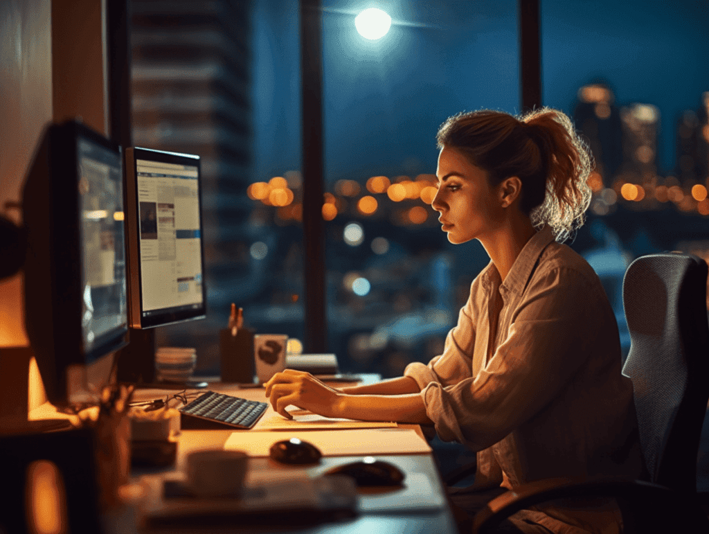 Kvinde i 40'erne der arbejder om aftenen foran computer. Ved at blive undevist i AI kan hun blive mere effektiv. Billedet er skabt på AI kurset.