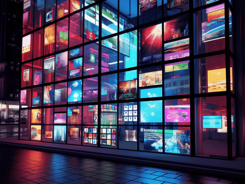 En mur af skærme - billede skabt af AI.