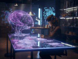Kvinde sidder ved bord med VR headset. Sådan kan en dag se ud i fremtiden, efterhånden som AI udvikler sig.