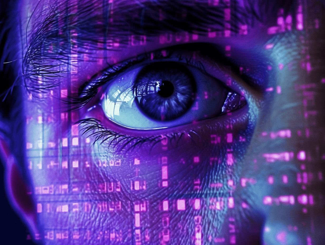 Nærbillede af øje, hvor man ser lys fra et datacenter. Skabt med Midjourney, som man lærer på HverdagsAIs AI kurser.