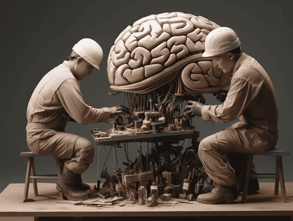 To hvad der forestiller bygningsarbejdere sidder på en skulbtur af en hjerne. Det illustrerer hvordan man kan optimere sin indlæring. Som HverdagsAI forsøger på deres AI kurser.