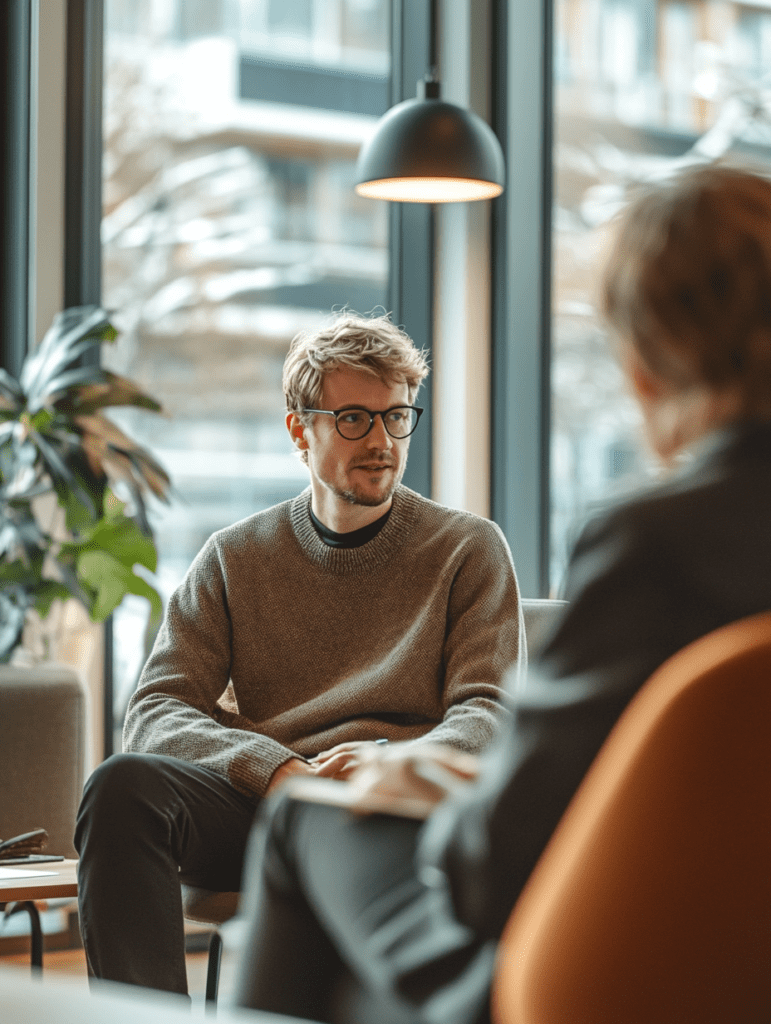 2 personer der har et møde i et åben kontorlandskab. De taler omkring AI og AI projekter.