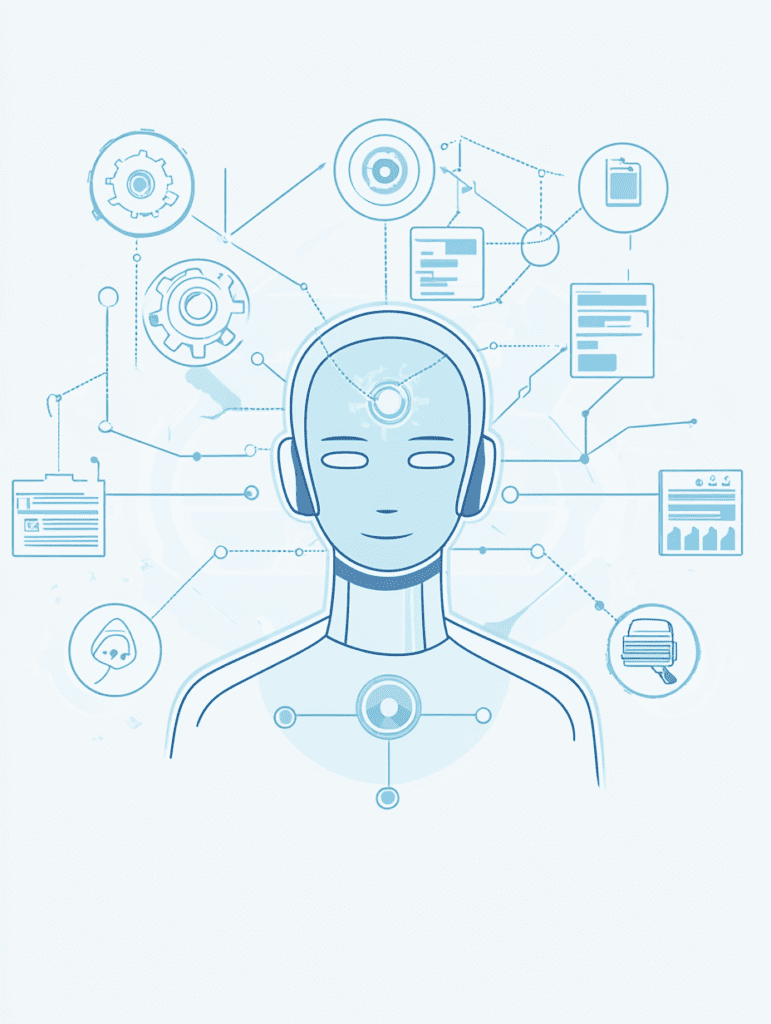 Illustration der viser en AI agent. En "person" i midten med en masse ikoner der forbindes i agenten