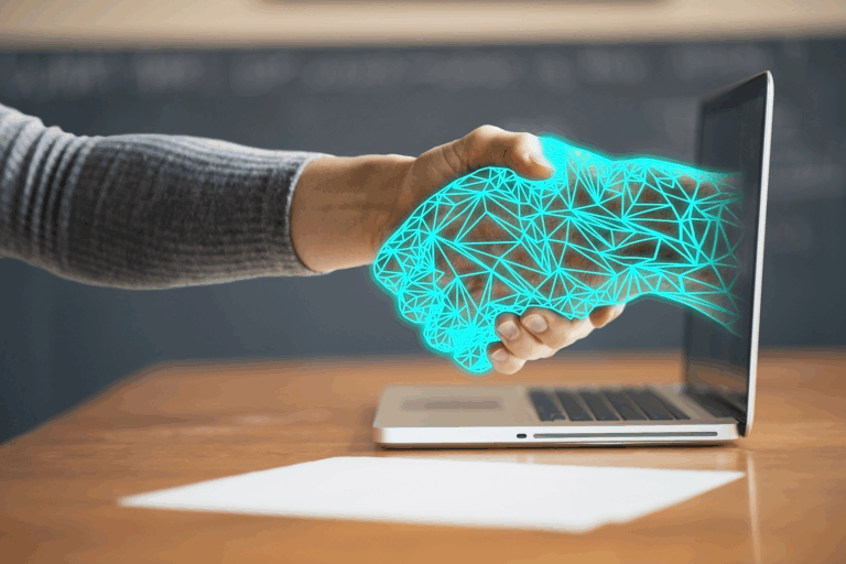 Billede af hånd som trykker en digital hånd, der rækker ud fra en computer skærm for at vise AI-agent integration.