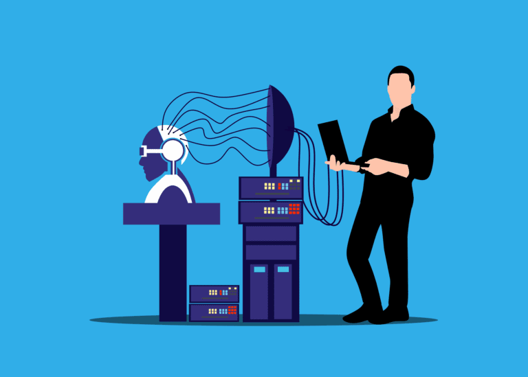 En illustration af en person som tuner en AI robot, for at vise dette skridt i vores RPA service.