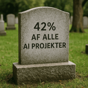 Gravsten hvor der står 42% af alle AI projekter. Billedet er lavet af AI.