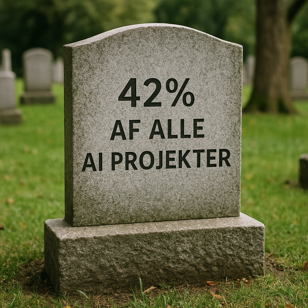 Gravsten hvor der står 42% af alle AI projekter. Billedet er lavet af AI.
