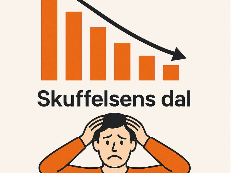 Illustration af faldende kurve og frustreret person, med teksten skuffelsens dal