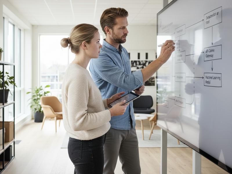 En erfaren og en yngre udvikler samarbejder om systemdesign i et lyst nordisk kontor, hvor de bruger AI værktøjer som en kreativ co-pilot. (AI-genereret billede)