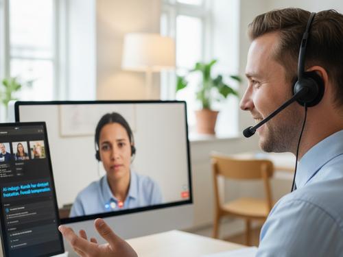 En kundeservicemedarbejder yder empatisk support, assisteret af diskrete indsigter fra AI agenter, der forbedrer kundeoplevelsen. (AI-genereret billede)
