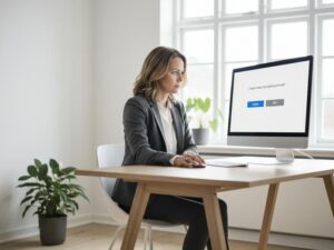 En professionel medarbejder i et lyst, nordisk kontor, der godkender en handling foreslået af AI agenter på sin computer, hvilket illustrerer sikker implementering. (AI-genereret billede)