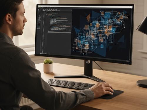 En udvikler, der bruger AI værktøjer til at automatisere rutineopgaver, hvilket frigør tid til at fokusere på kompleks og kreativ problemløsning. (AI-genereret billede)